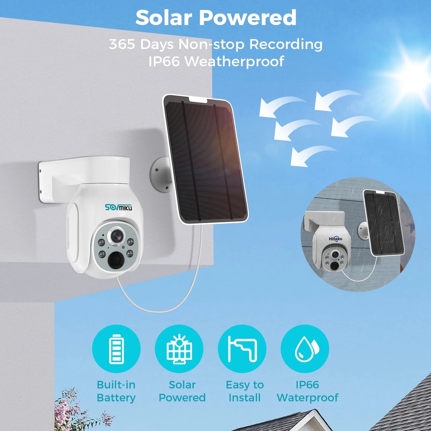 Solar Security Camera Outdoor, 4MP Wireless WIFI Camera, PTZ 360° View, PIR Motion Detection, Color Night Vision, IP66 Waterproof with Alexa