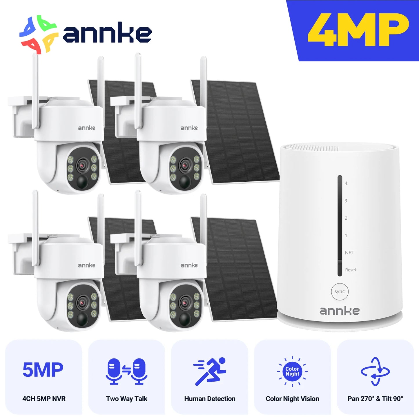 4MP 2K Wireless Home Camera System 2-Cam Kit Security System Solar Cameras Outdoor, PIR Human Detection Instant Alerts