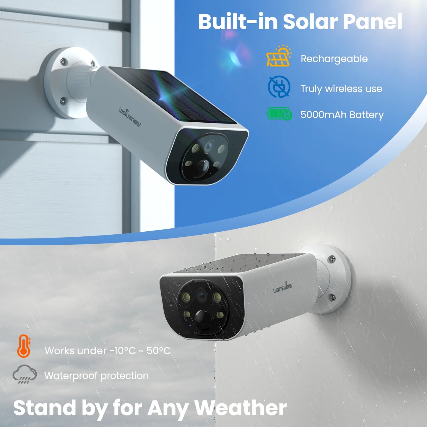 2K Solar Camera Wifi Outdoor Wireless with Spotligt, Waterproof, PIR Alert, Siren, Color Night Vision, Two-Way Audio