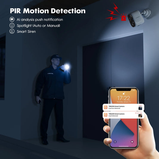 2K Indoor/Outdoor Security Wireless Camera,Rechargeable Solar Powered for Home Surveillance, PIR Motion Detection, Stunning Night Vision, Smart Home Supported,With Solar Panel