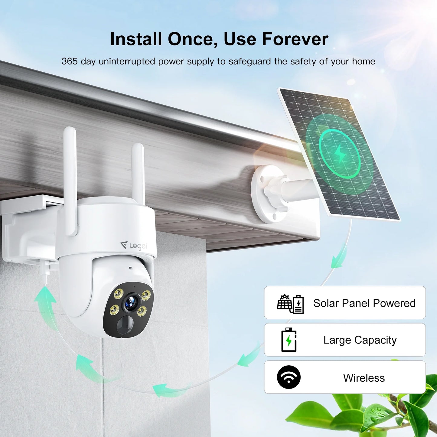 2K Solar Security Cameras Wireless Outdoor, 2.4Ghz Wifi Camera for Home Security with Spotlight, PIR Motion Detection,Siren, Color Night Vision, 2-Way Talk, IP66 Waterproof, Work with Alexa