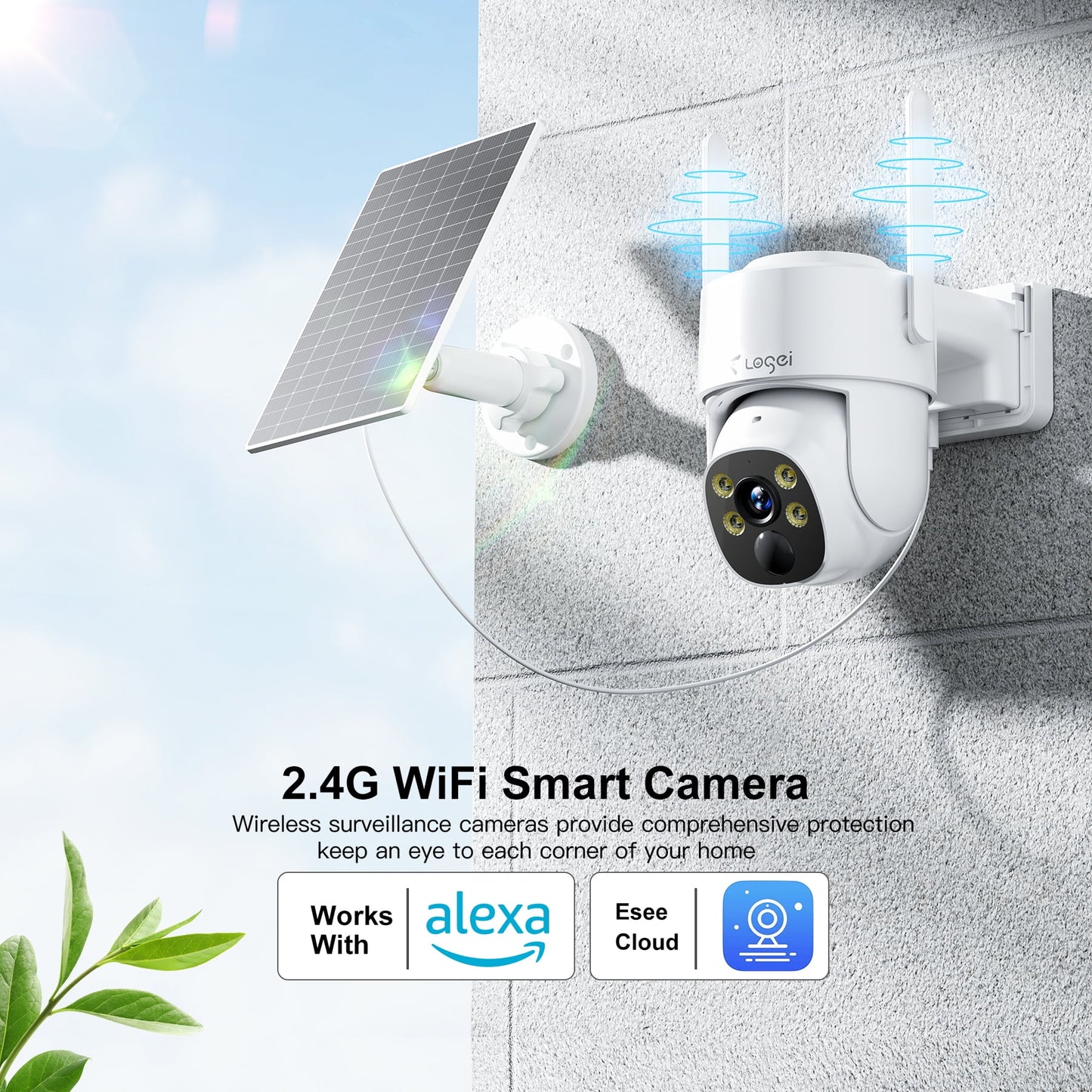 2K Solar Security Cameras Wireless Outdoor, 2.4Ghz Wifi Camera for Home Security with Spotlight, PIR Motion Detection,Siren, Color Night Vision, 2-Way Talk, IP66 Waterproof, Work with Alexa