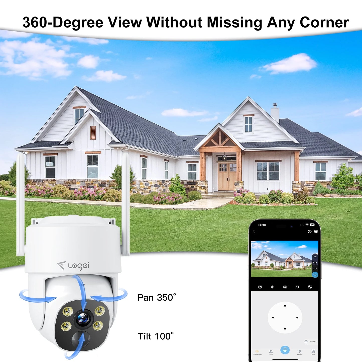 2K Solar Security Cameras Wireless Outdoor, 2.4Ghz Wifi Camera for Home Security with Spotlight, PIR Motion Detection,Siren, Color Night Vision, 2-Way Talk, IP66 Waterproof, Work with Alexa