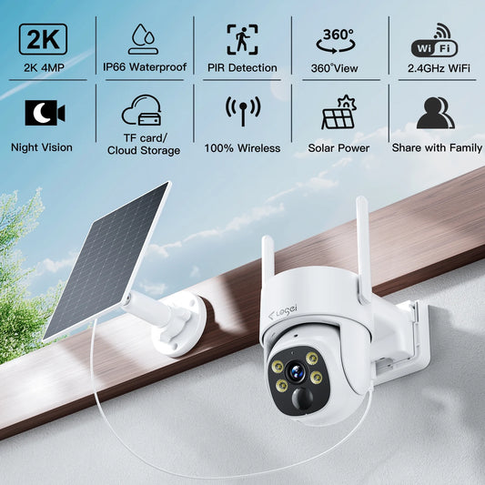 2K Solar Security Cameras Wireless Outdoor, 2.4Ghz Wifi Camera for Home Security with Spotlight, PIR Motion Detection,Siren, Color Night Vision, 2-Way Talk, IP66 Waterproof, Work with Alexa