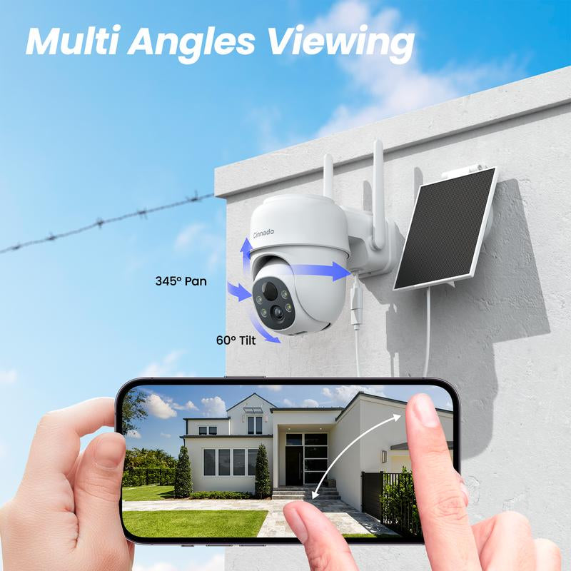 Cinnado 2K Solar/Battery Powered Security Cameras Outdoor - Cameras for Home Security outside 2.4G Wifi, 360° Color Night Vision, 2 Way Audio, PIR Human Detection, Works with Alexa/Google Home Surveillance Cameras Solar Rechargeable