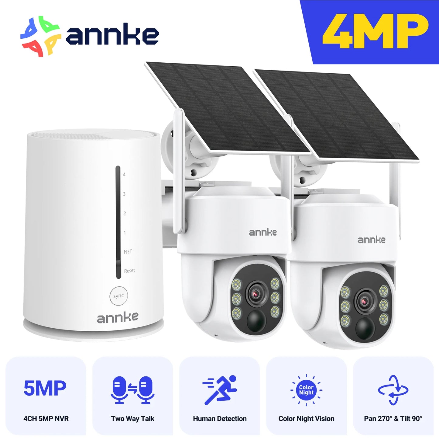 4MP 2K Wireless Home Camera System 2-Cam Kit Security System Solar Cameras Outdoor, PIR Human Detection Instant Alerts