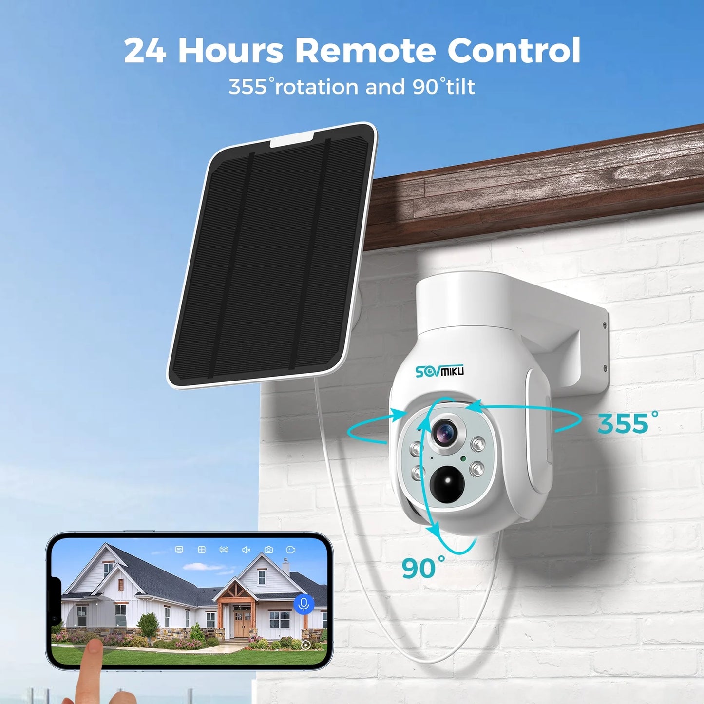 Solar Security Camera Outdoor, 4MP Wireless WIFI Camera, PTZ 360° View, PIR Motion Detection, Color Night Vision, IP66 Waterproof with Alexa