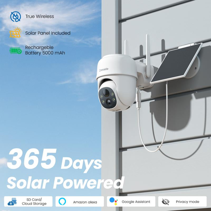 Cinnado 2K Solar/Battery Powered Security Cameras Outdoor - Cameras for Home Security outside 2.4G Wifi, 360° Color Night Vision, 2 Way Audio, PIR Human Detection, Works with Alexa/Google Home Surveillance Cameras Solar Rechargeable