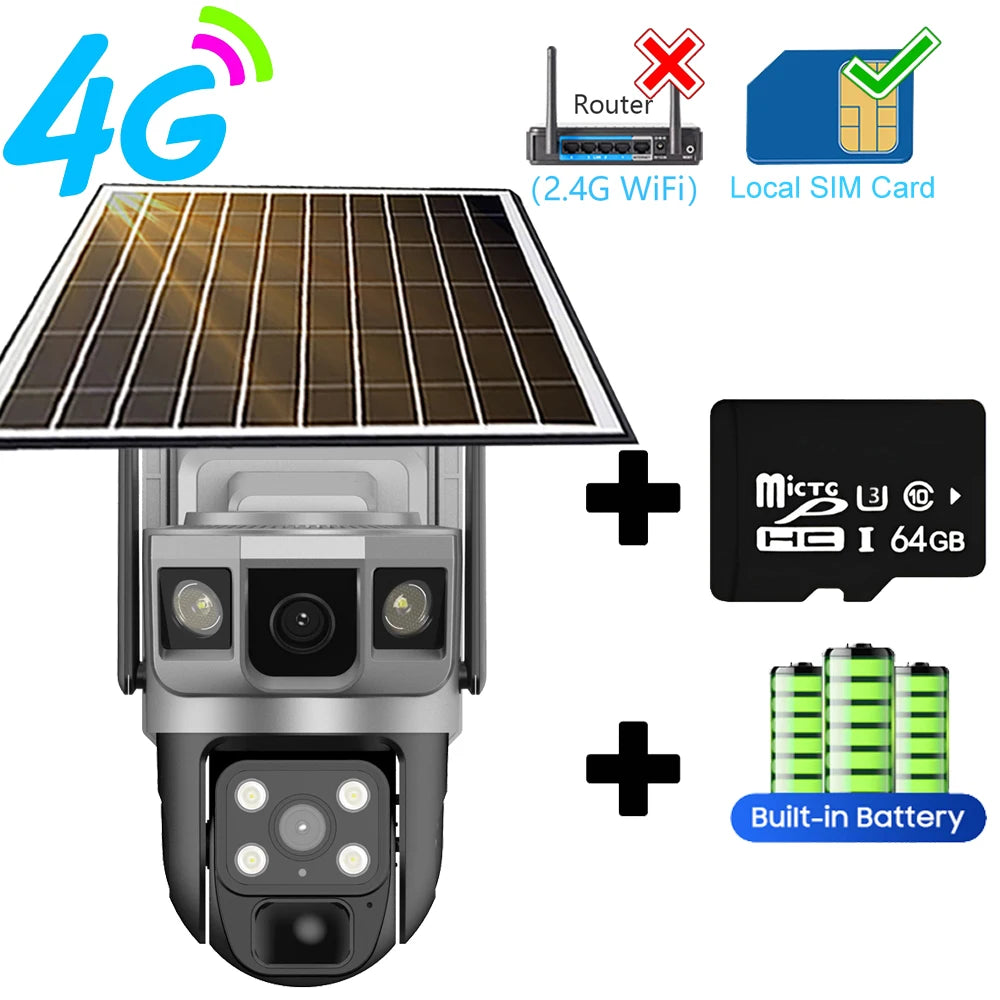 Dual Lens 4G Solar Camera Outdoor Waterproof IP CCTV Cameras Smart Home Security Protection 360 PTZ Video Surveillance Wireless