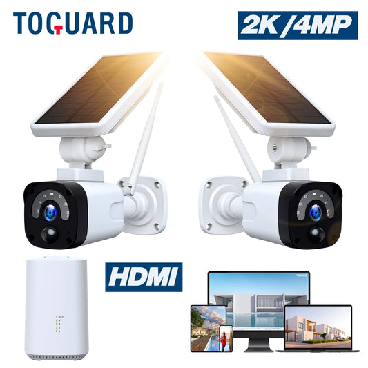 4MP Solar Wireless Outdoor Security Camera System with Base Station, CCTV Camera Security System 2-Way Audio PIR Motion Detection Night Vision Support Tf/Cloud Storage HDMI Output