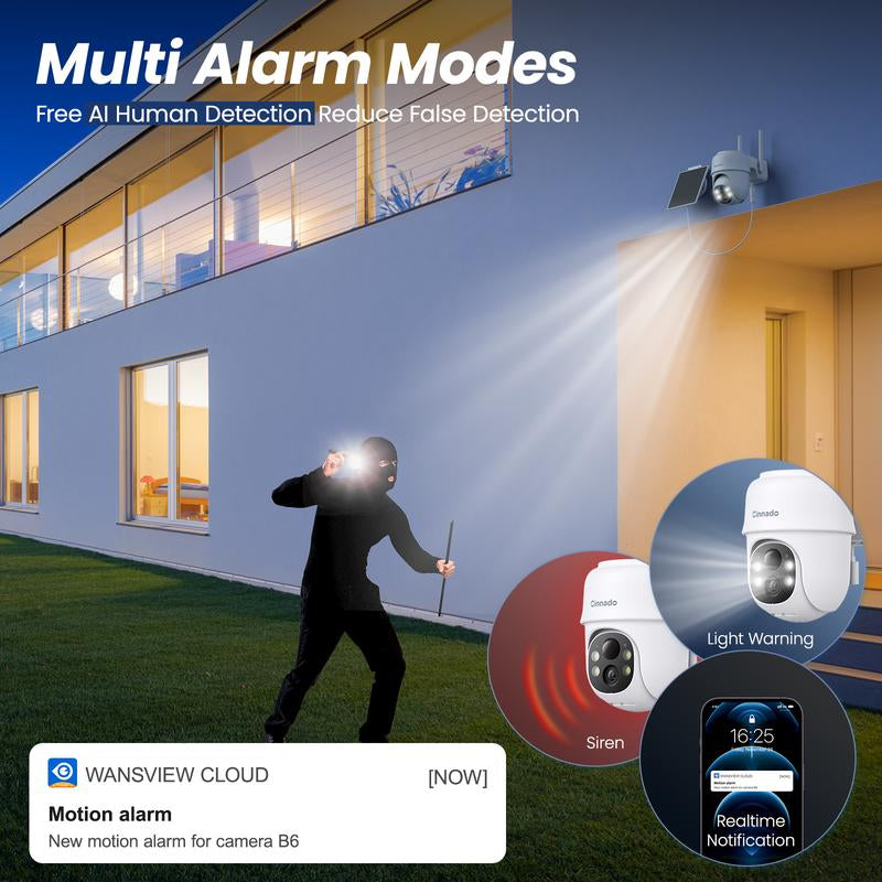 Cinnado 2K Solar/Battery Powered Security Cameras Outdoor - Cameras for Home Security outside 2.4G Wifi, 360° Color Night Vision, 2 Way Audio, PIR Human Detection, Works with Alexa/Google Home Surveillance Cameras Solar Rechargeable