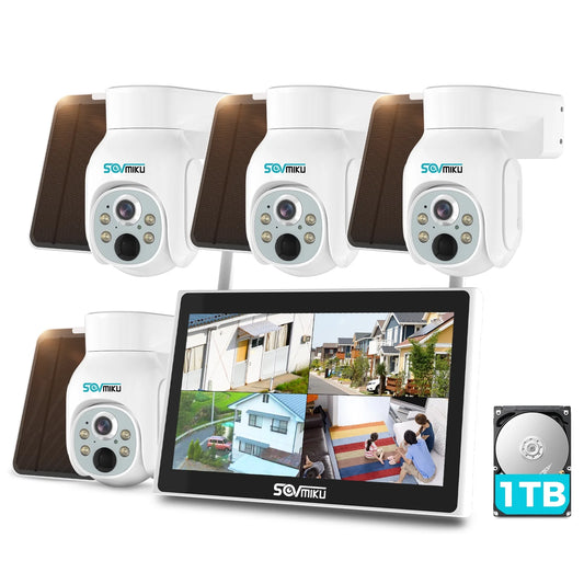 Solar Security Camera Outdoor, 4PCS 4MP Wireless Battery Camera System with 10In LCD, 2-Way Audio, PTZ, Night Vision, 1TB HDD