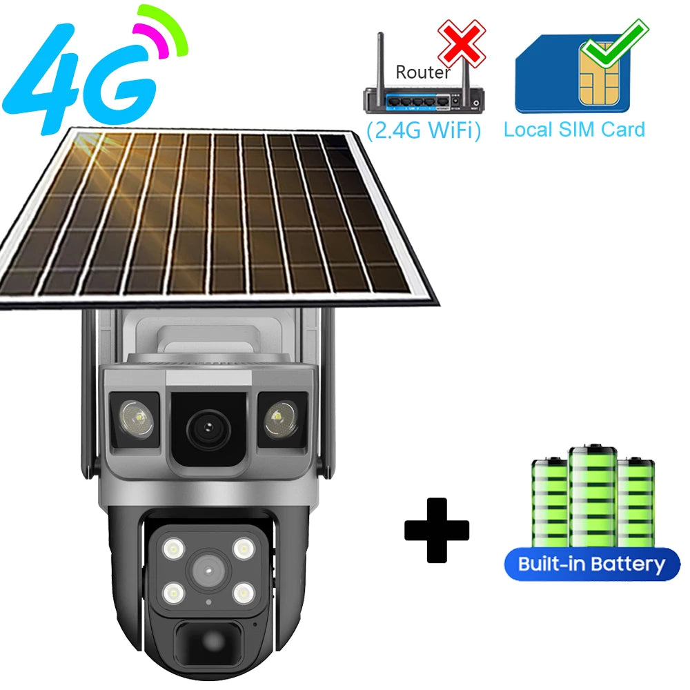 Dual Lens 4G Solar Camera Outdoor Waterproof IP CCTV Cameras Smart Home Security Protection 360 PTZ Video Surveillance Wireless