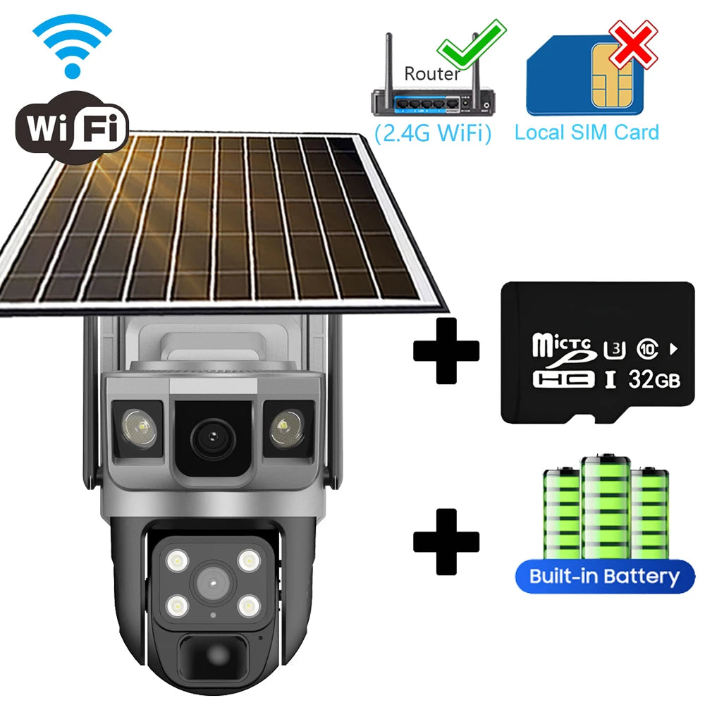 Dual Lens 4G Solar Camera Outdoor Waterproof IP CCTV Cameras Smart Home Security Protection 360 PTZ Video Surveillance Wireless