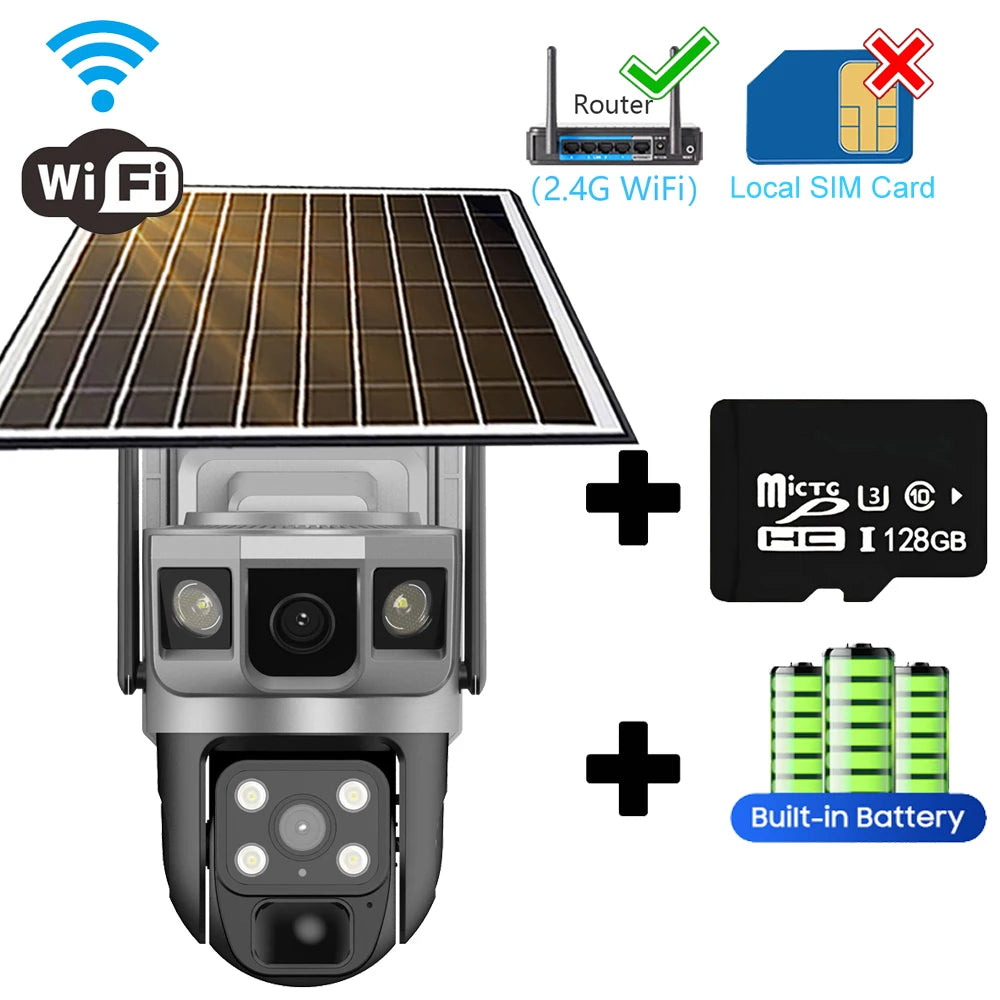 Dual Lens 4G Solar Camera Outdoor Waterproof IP CCTV Cameras Smart Home Security Protection 360 PTZ Video Surveillance Wireless