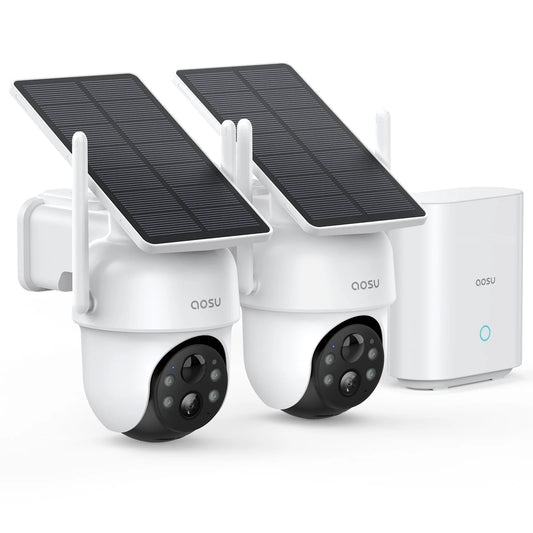 2K/3MP Home Security Camera System, Solar Powered 2 Cam-Kit with Spotlight & Homebase, 360° View, No Monthly Fee, Auto Tracking, Color Night Vision, Easy Setup, 5Ghz & 2.4Ghz Wi-Fi