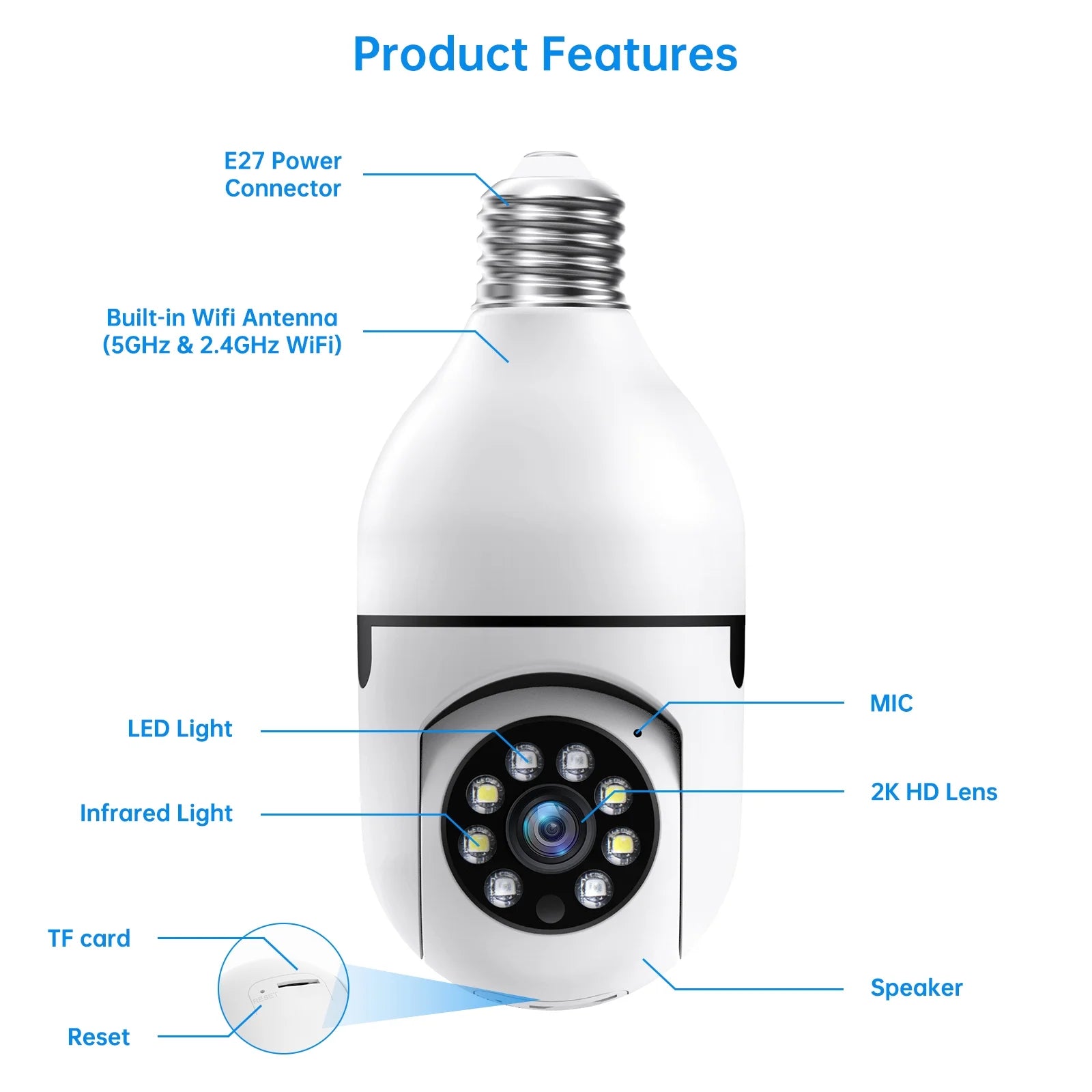 5G& 2.4Ghz Wifi Light Bulb Security Camera, 2K HD Security Cameras for Home, Wireless Outdoor Motion Detection and Alarm, Two-Way Talk, Color Night Vision