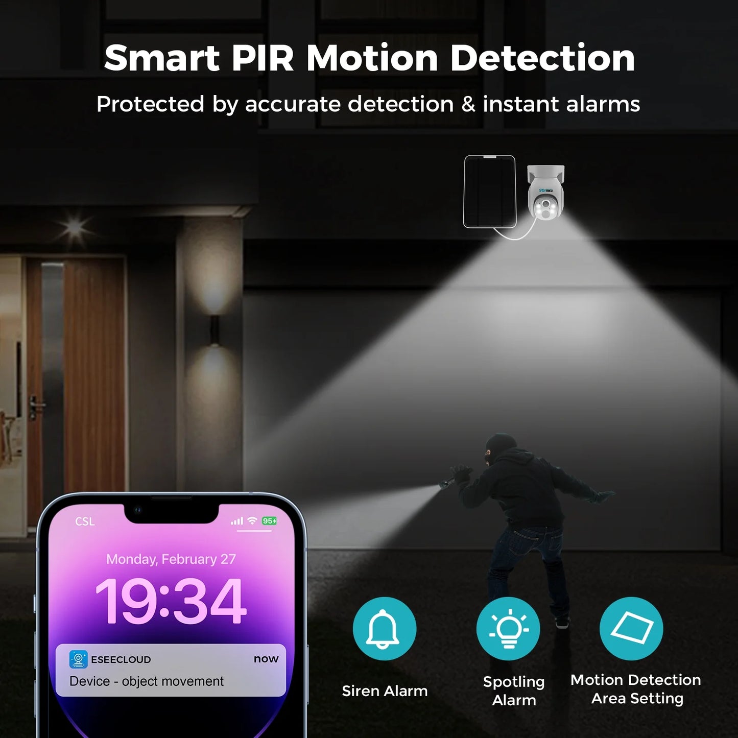 Solar Security Camera Outdoor, 4MP Wireless WIFI Camera, PTZ 360° View, PIR Motion Detection, Color Night Vision, IP66 Waterproof with Alexa